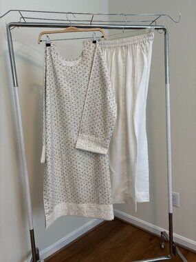 Cream color cotton Pakistani kameez/ trousers outfit with crochet lace